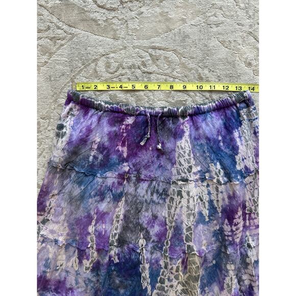 Boho Tie Dye Midi Skirt Purple Blue Ruffle Hem Lightweight Elastic Waist - Picture 5 of 6